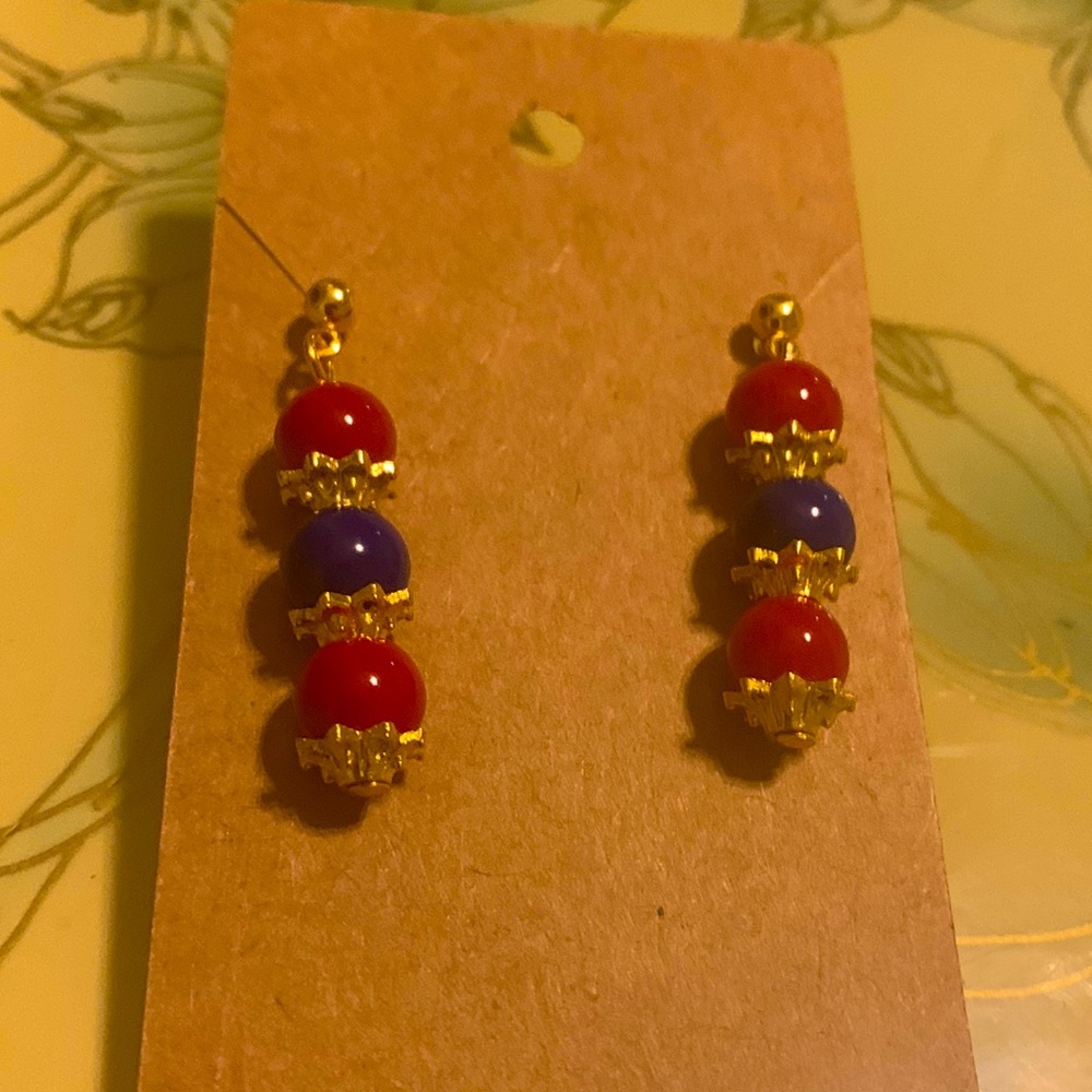 Czech Druk glass bead red and blue earrings